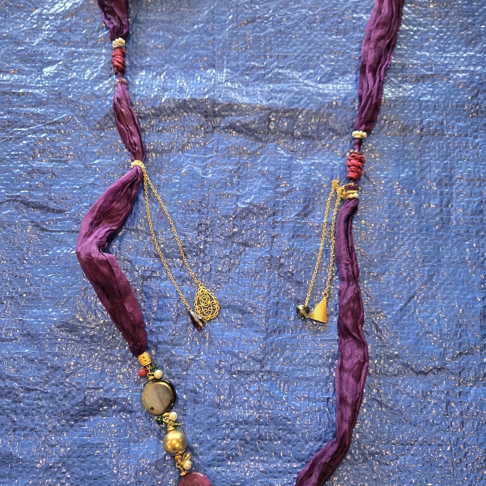 Bohemian Purple and Gold Twisted Fabric Necklace